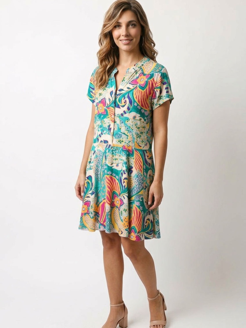 Teal Floral Print Short-Sleeve Knee Length Dress